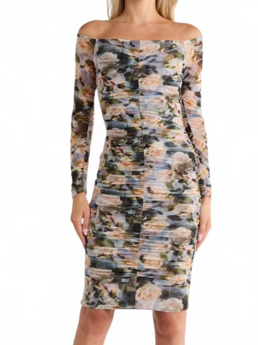 L'AGENCE Off-Shoulder Ruched Floral Midi Dress in Multi-Color